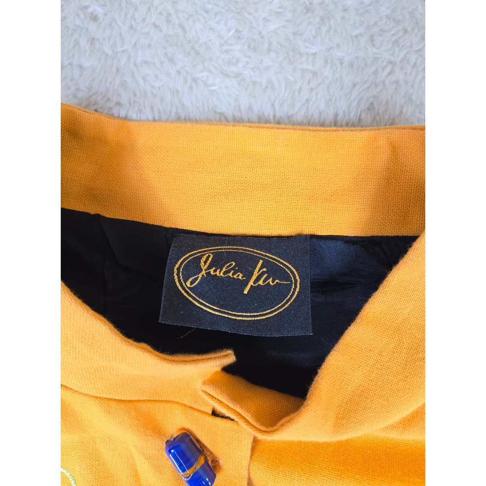 Julia Ku Womens Mustard Yellow Floral Embroidered Art to Wear Jacket Mandarin L - Picture 2 of 9